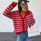 Womens Fashionable Contrasting-Color Striped Knitted V-Neck Coat