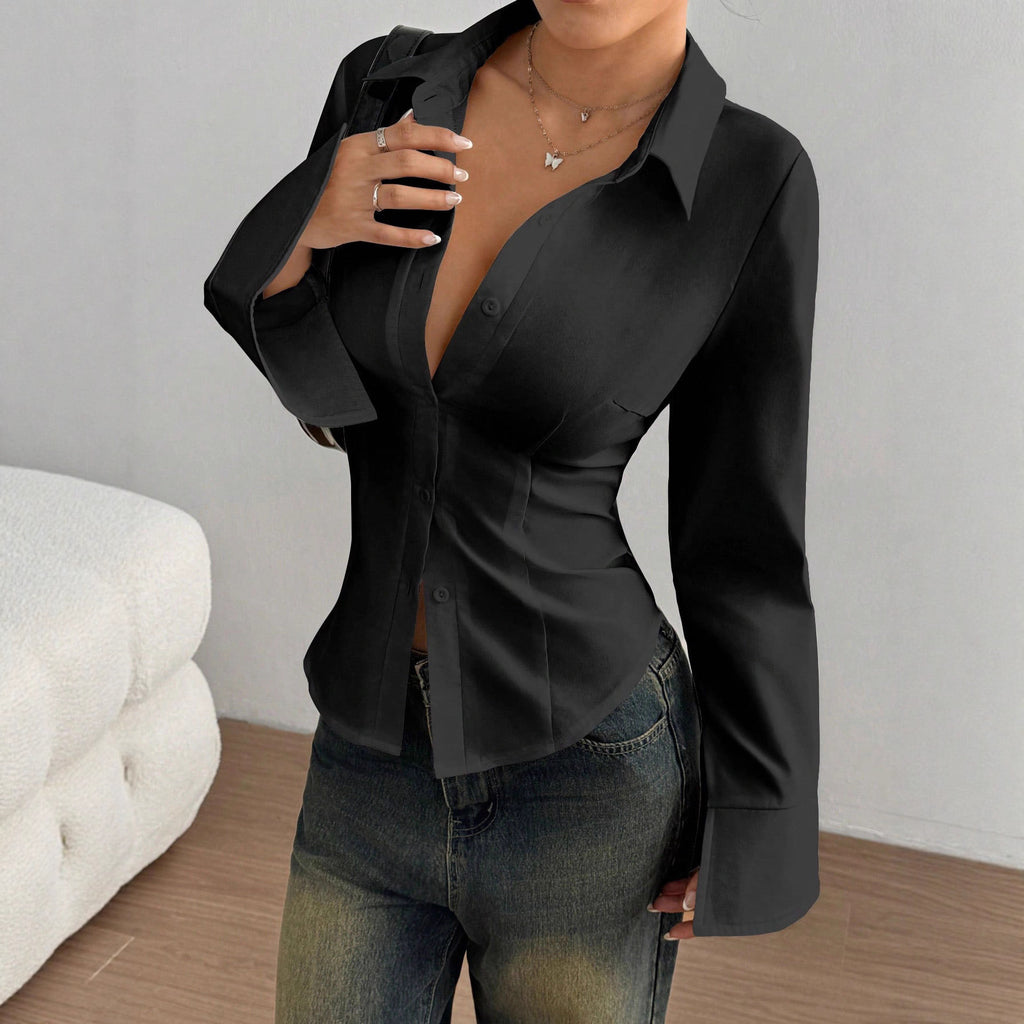 European And American Cross-Border Aliexpress Women's Fashion Slim Long-Sleeved Solid Color Shirt