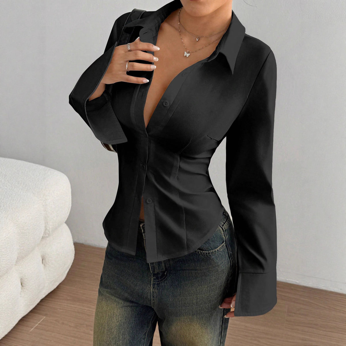 European And American Cross-Border Aliexpress Women's Fashion Slim Long-Sleeved Solid Color Shirt