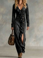 Fashionable Unisex-style Long-sleeve V-neck Split Dress