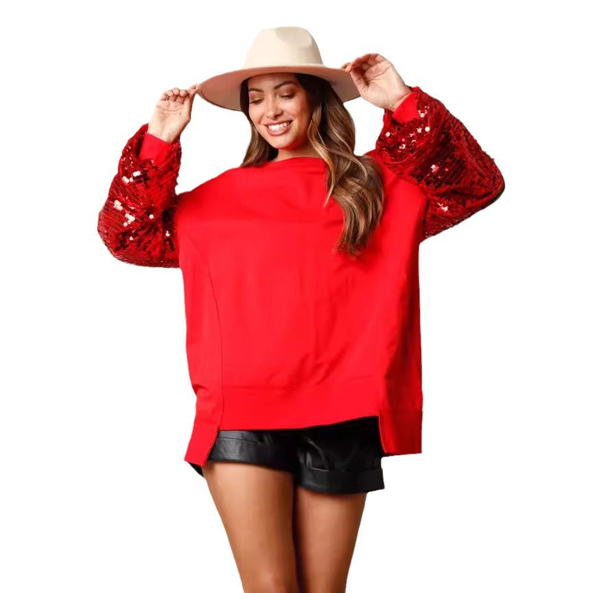 Christmas Sequined Sleeve Top Spliced Long-Sleeve Womens Sweatshirt