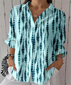 Women Tie Dye Print Button Down Shirt, Long Sleeve Lapel V Neck Casual Blouse
