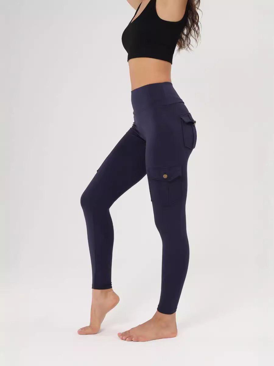 Amazon Wish Cross-border Breathable Hip Lifting Button Pocket Sports Brushed Nude Yoga Slimming Tight Leggings