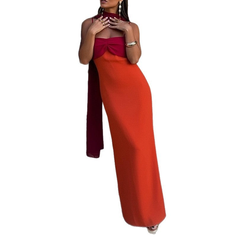 Foreign Trade Women's Clothing Summer Dress Fashionable Color-Block Scarf Collar Slim Fit Bodycon Strap Dress