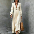 Solid-color V-neck Asymmetrical Chiffon Long-sleeve Dress With Ruffled Hem
