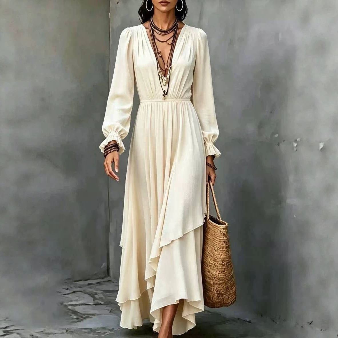 Solid-color V-neck Asymmetrical Chiffon Long-sleeve Dress With Ruffled Hem
