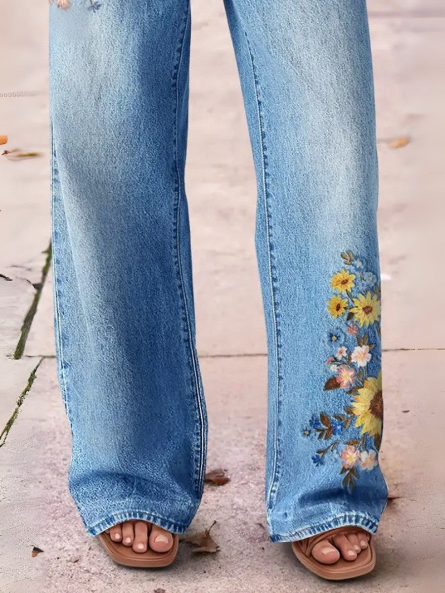Women's Light Blue Wide Leg Jeans Floral Embroidery Washed Denim Pants Boho Vintage Style Ready Stock