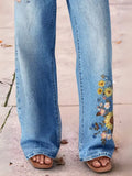 Women's Light Blue Wide Leg Jeans Floral Embroidery Washed Denim Pants Boho Vintage Style Ready Stock