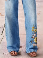 Women's Light Blue Wide Leg Jeans Floral Embroidery Washed Denim Pants Boho Vintage Style Ready Stock