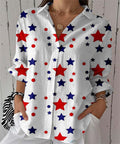 Women's Lapel Shirt With American Vintage Stars And Stripes Print, Single-breasted Casual Loose Short-sleeve Top
