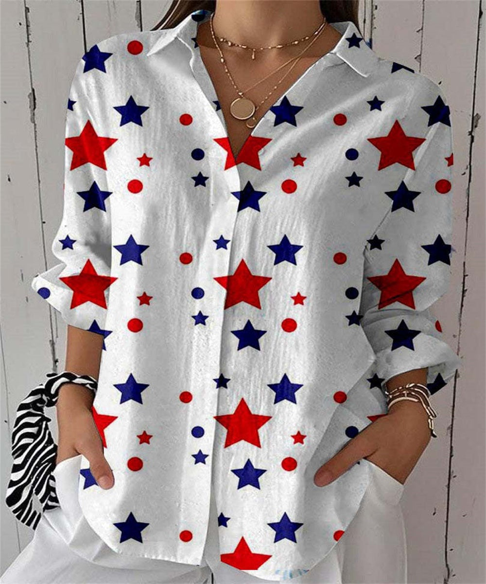 Women's Lapel Shirt With American Vintage Stars And Stripes Print, Single-breasted Casual Loose Short-sleeve Top