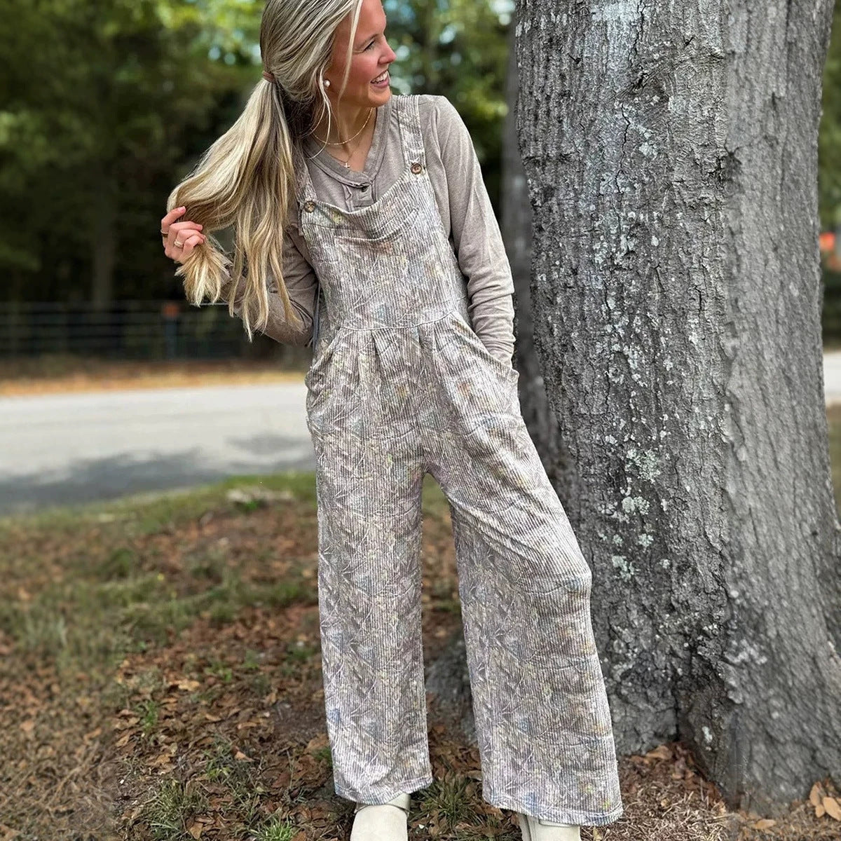 High-waisted Camo-print Jumpsuit With Pockets