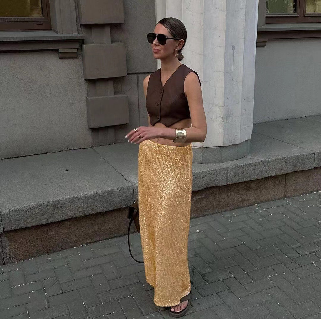 Womens Solid-color Sequined And Beaded Fashion Casual Skirt With A Back Slit