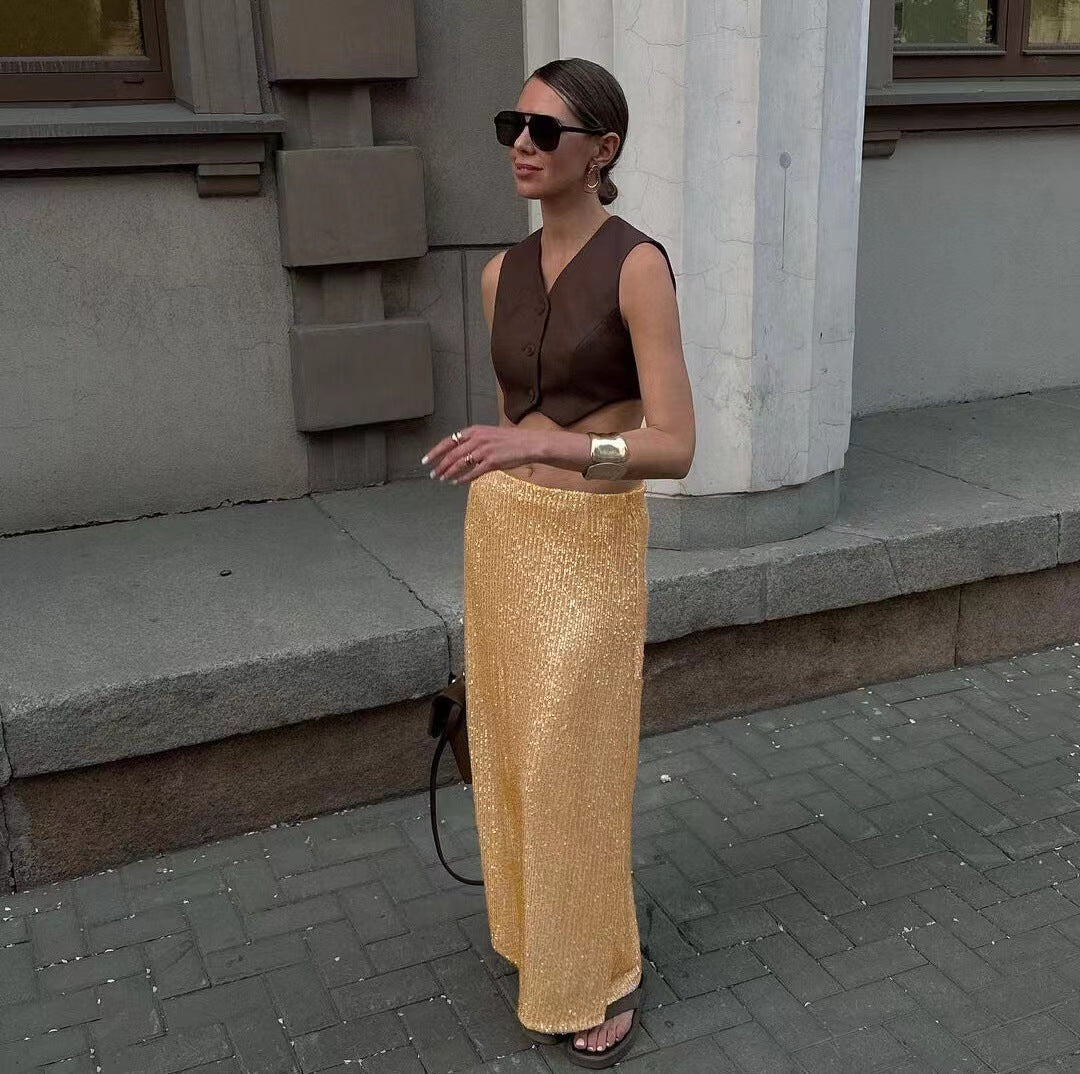 Womens Solid-color Sequined And Beaded Fashion Casual Skirt With A Back Slit