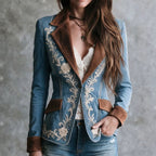 Notch-collar Suede Patchwork Floral-print Blazer