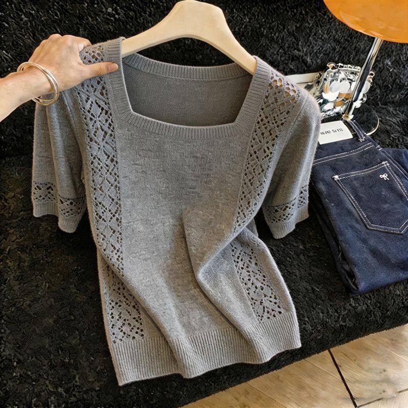 Square-neck Short-sleeve Solid-color Knit Top