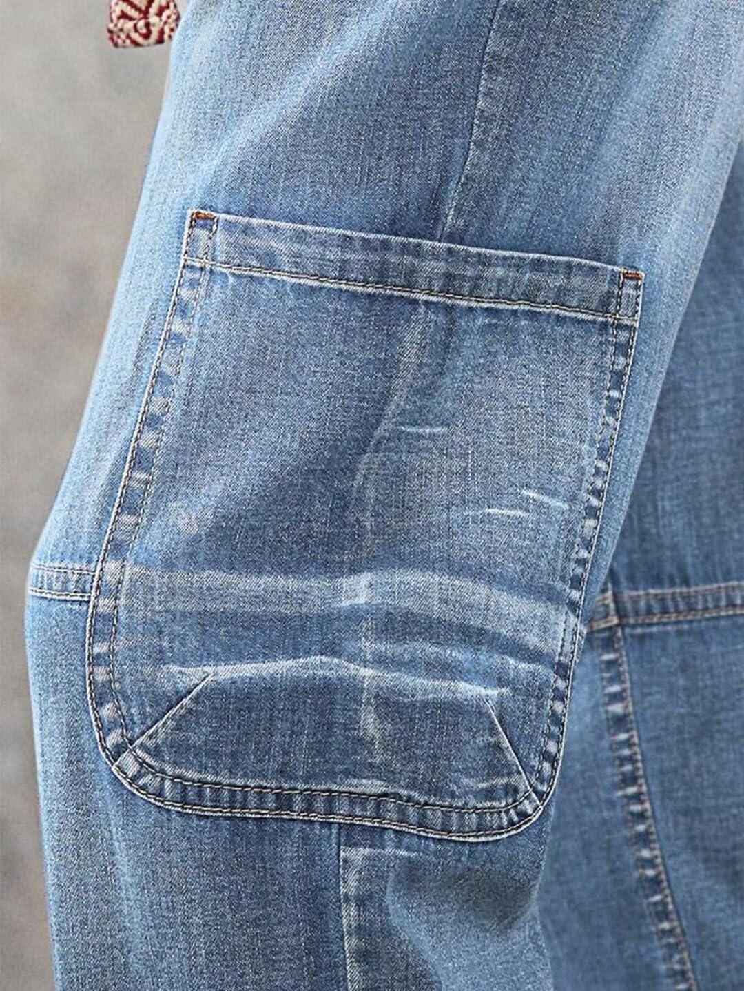 Women Cargo Jeans Light Blue Utility Denim Pants Drawstring Waist Multi Pocket Casual Jogger Jeans Wholesale US Ready Stock
