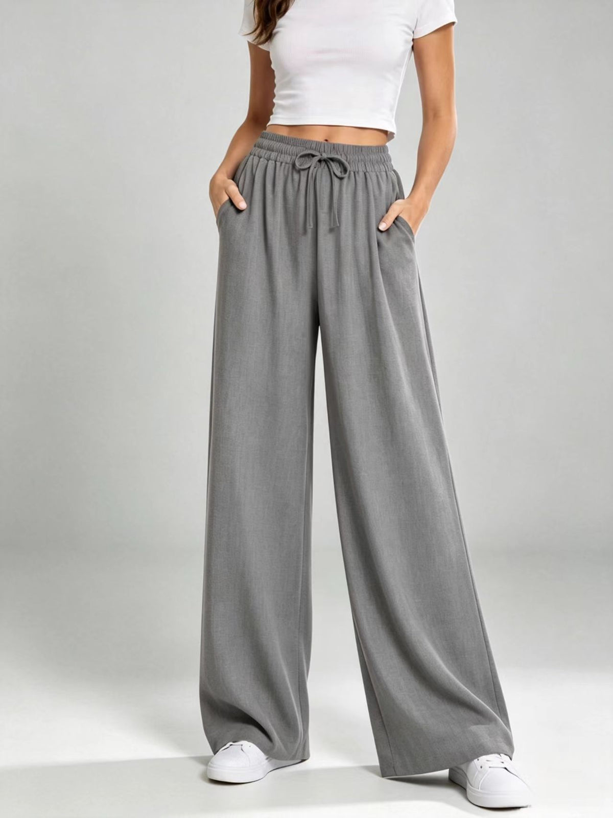 New European And American Style Drawstring Elastic Waist Loose Casual Solid Color Drapey Straight Wide-leg Long Pants For Women