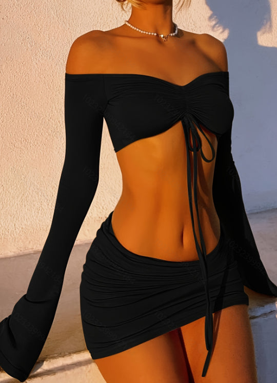 Green Ruched Off-Shoulder Skirt Set