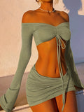 Green Ruched Off-Shoulder Skirt Set