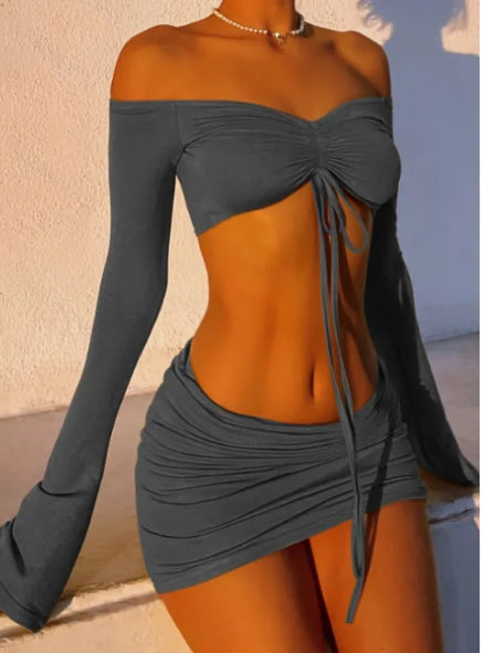 Green Ruched Off-Shoulder Skirt Set