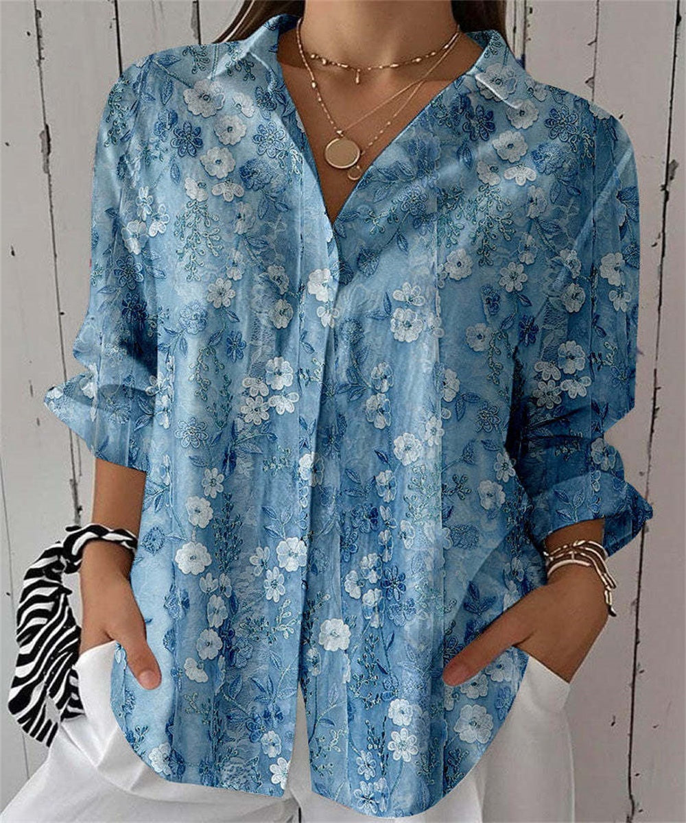 Women Tie Dye Print Button Down Shirt, Long Sleeve Lapel V Neck Casual Blouse