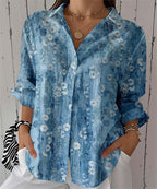 Women Tie Dye Print Button Down Shirt, Long Sleeve Lapel V Neck Casual Blouse