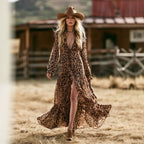 Womens Leopard-Print Ruffle-Trim Long-Sleeve Dress