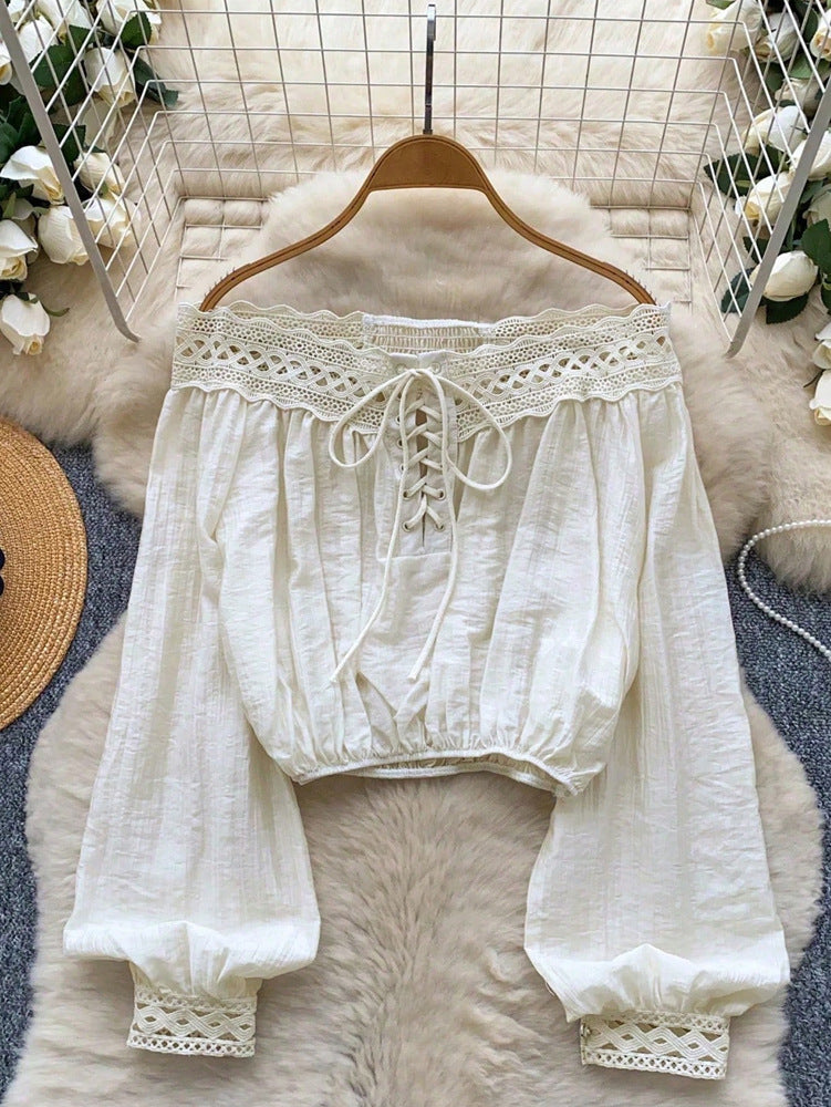 Womens One-shoulder Waist-cinching Lace-panel Long-sleeve Top With Tie Detailing
