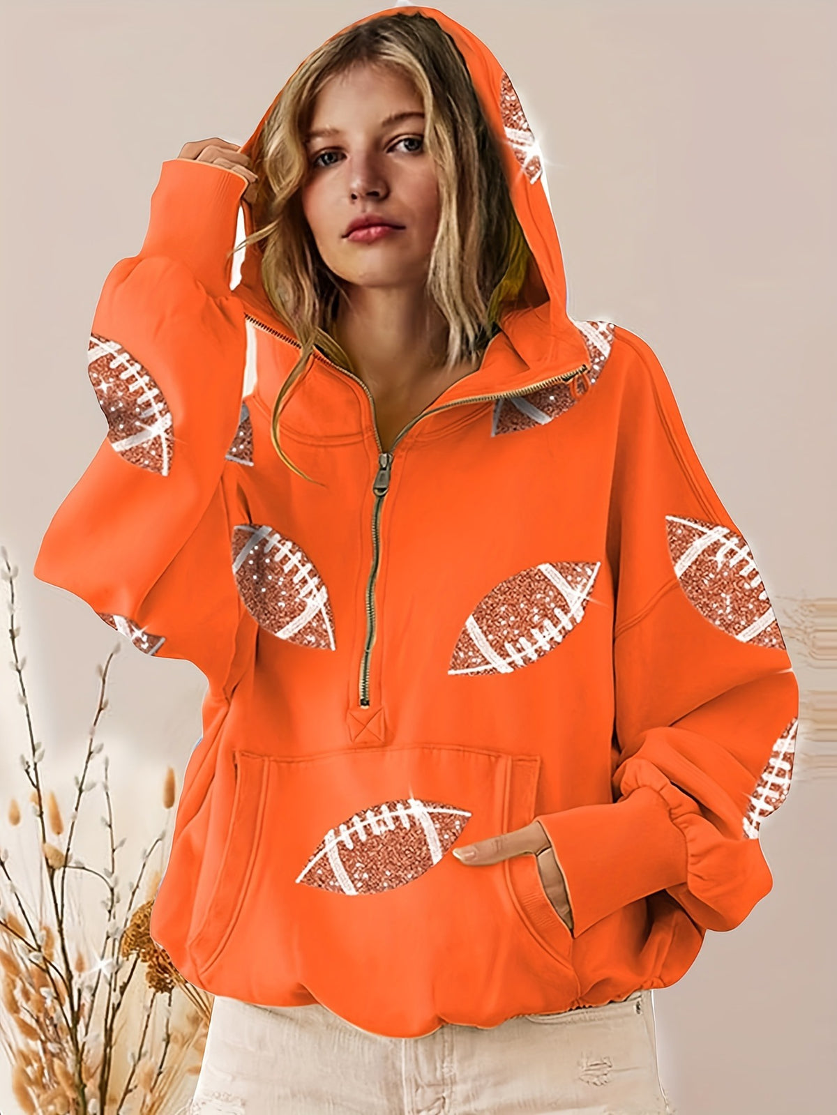 Women Half Zip Hoodie, Glitter Football Print Oversized Hooded Sweatshirt With Kangaroo Pocket