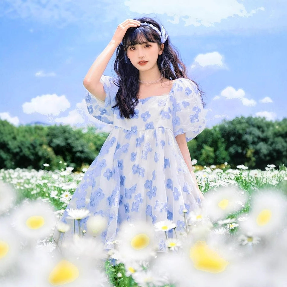 New Puff-sleeve Floral Midi Dress