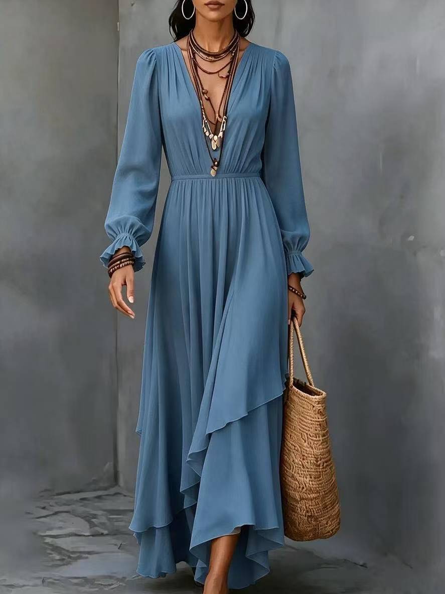 Solid-color V-neck Asymmetrical Chiffon Long-sleeve Dress With Ruffled Hem