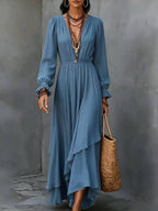 Solid-color V-neck Asymmetrical Chiffon Long-sleeve Dress With Ruffled Hem