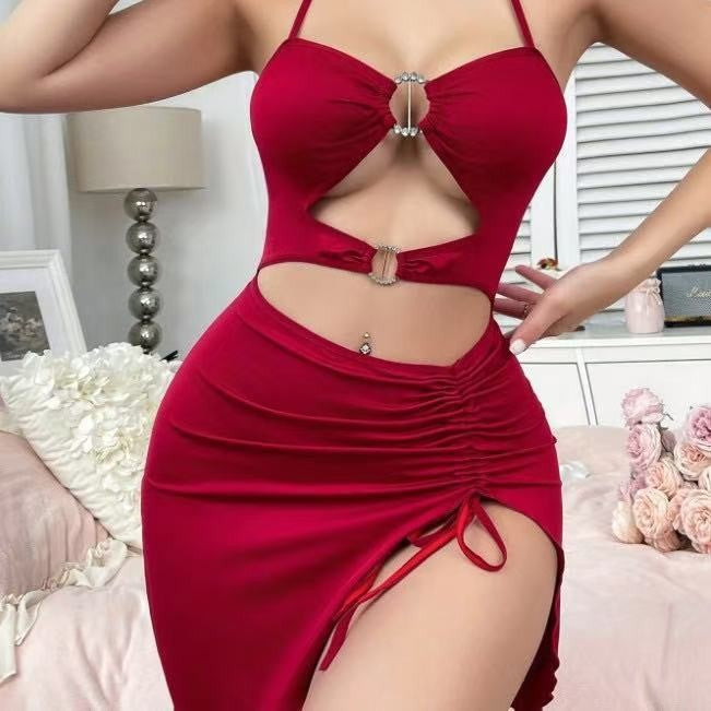 Womens Halter-Neck Slim-Fit Split Dress With Drawstring