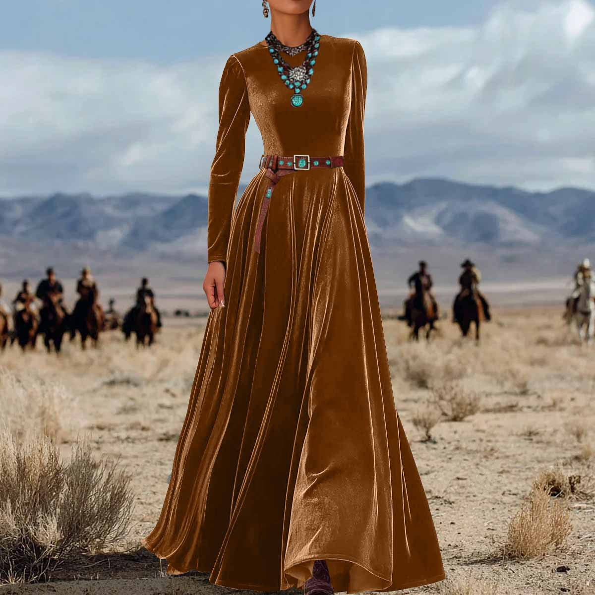 Women's Solid Color Elegant AutumnWinter Long-Sleeve Velvet Dress