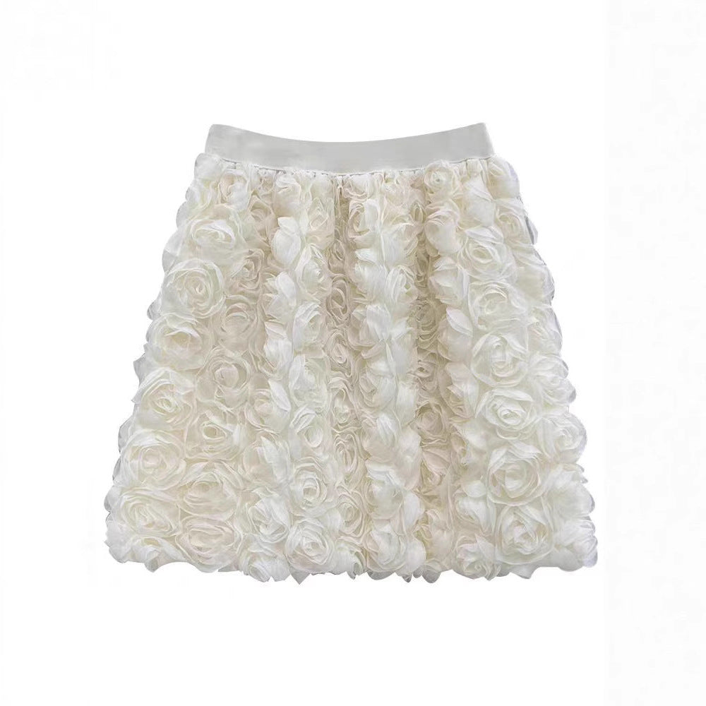 White High-waisted Three-dimensional Rose-decorated Feminine Skirt