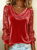 New European And American Cross-Border Fashion Women's Velvet Stacked Collar Sequin Patchwork Long-Sleeve T-Shirt Top