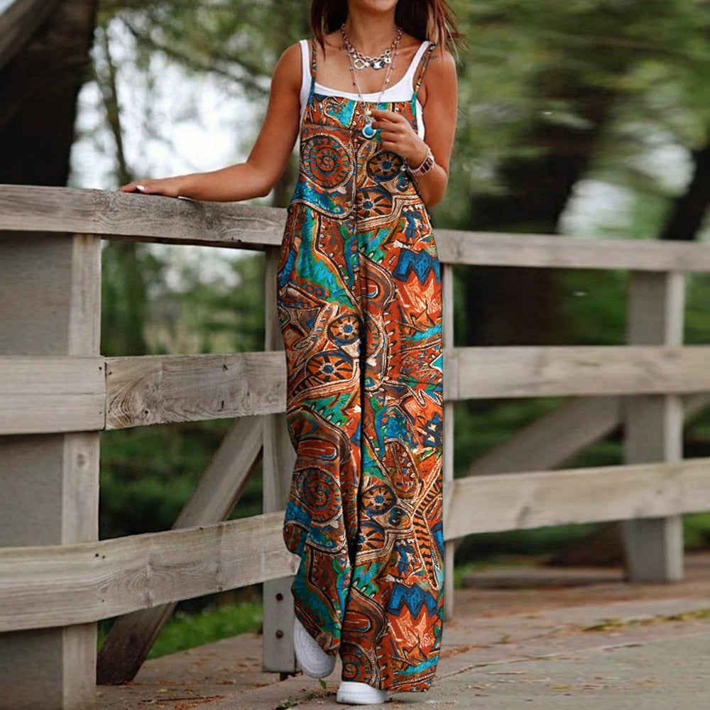 Fashion Women's Printed Crossbody Pocket Wide-Leg Jumpsuit