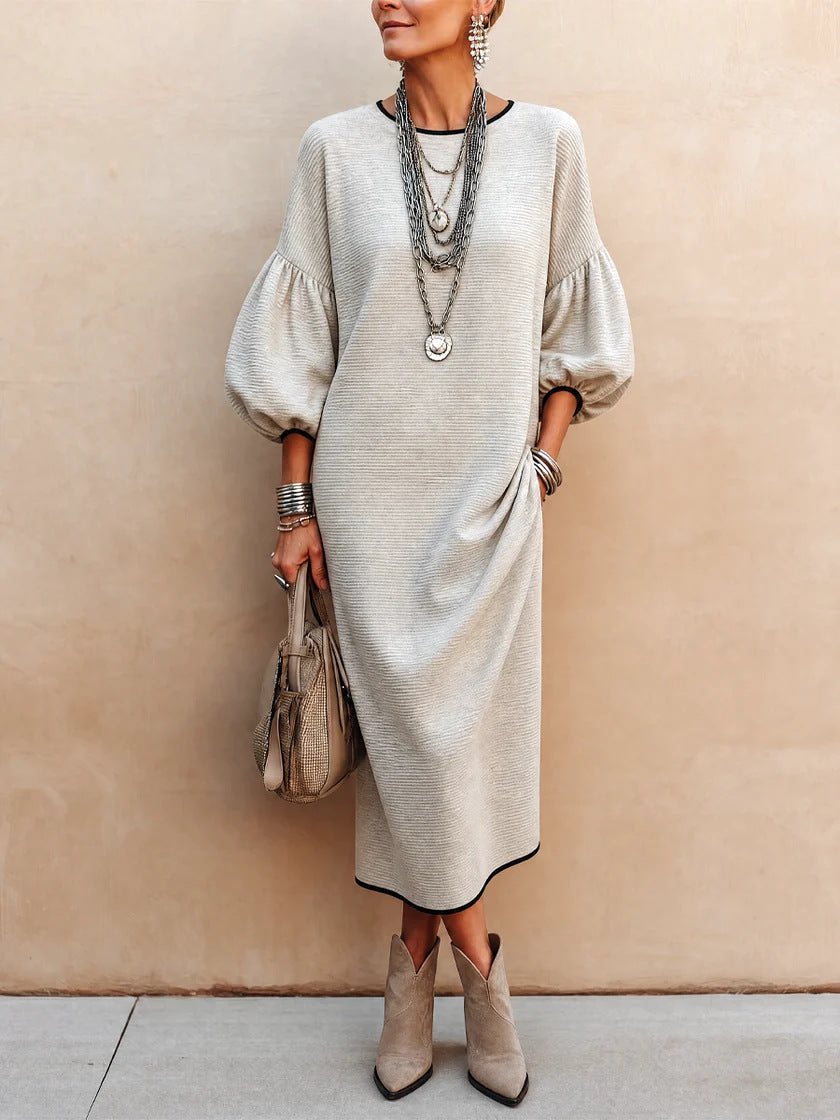 Womens Knitted Mid-Length Dress With Bubble Sleeves