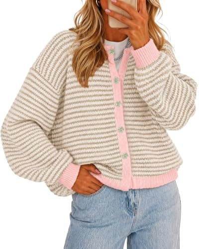 Hot Selling Women's Fall Winter Casual Striped Button Cardigan Knit Sweater Top