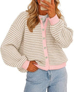 Hot Selling Women's Fall Winter Casual Striped Button Cardigan Knit Sweater Top