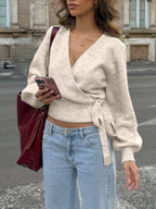 European And American Style Cross V-Neck Knitted Sweater, Autumn And Winter Irregular Tie Elegant Short Top For Women
