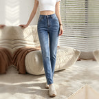 Women High Waist Slim Skinny Jeans, Classic Blue Washed Stretch Denim Pants With Pockets