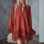 Womens Lace-Trimmed Long-Sleeve Mini Dress