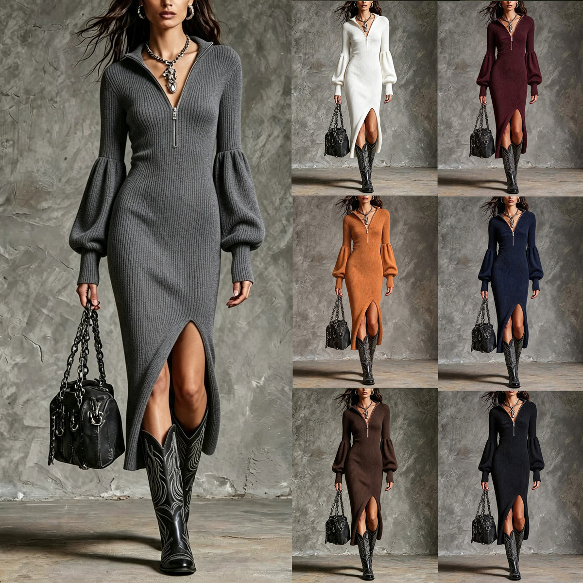 Charcoal Zip-Front Ribbed Midi Dress