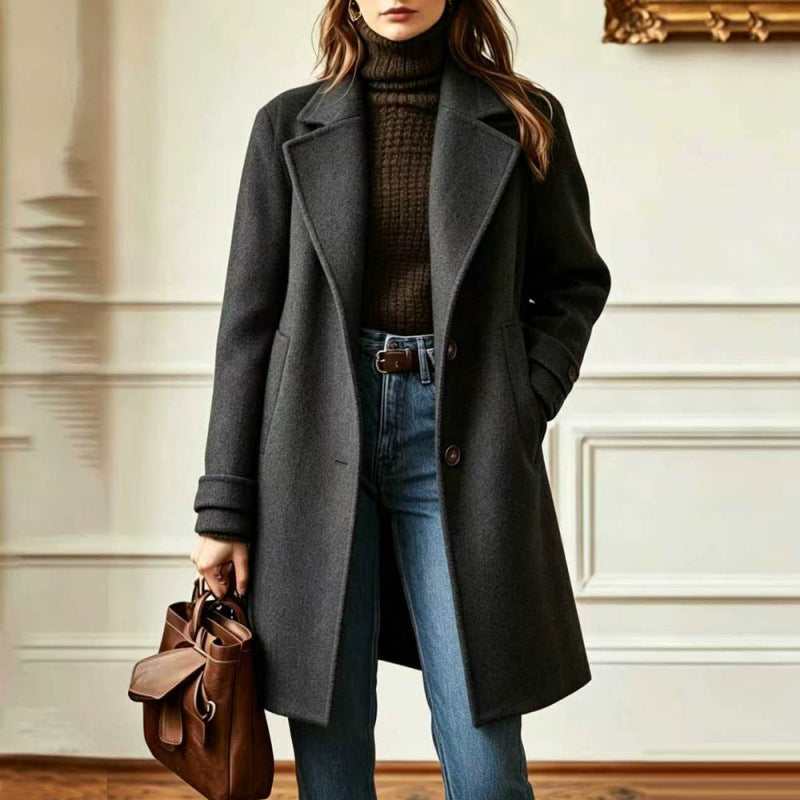 Cross-Border 2026 Autumn And Winter New Retro Casual Style Mid-Length Lapel Coat Women's Woolen Coat