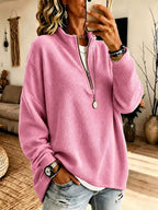 Womens Zip-up Half-neck Waffle-knit Hoodie Loose-fit Top