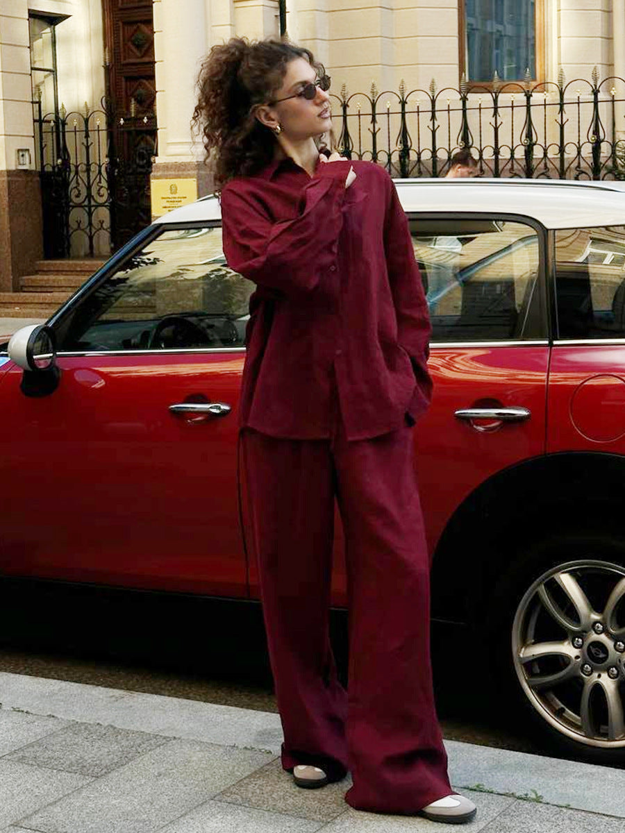 Cross-border Cotton Shirt Trousers Suit Europe And The United States 2025 Spring And Summer New Loose Long Sleeve Shirt Casual Suit Women