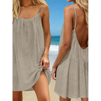 Women's Ice Silk Crinkled Solid Color Ruched Backless Slip Mini Dress, Beach Vacation Dress