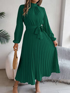 2026 European And American Women's Autumn And Winter Elegant Standing Collar Long Sleeved Waist Cinched Pleated Long Skirt Small Dress